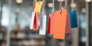 Price tags floating above a computer screen.