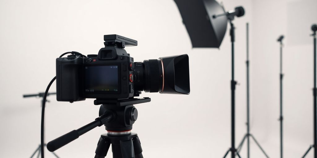 Well-lit room with camera and microphone.