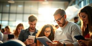 Diverse people engaging with laptops and tablets.